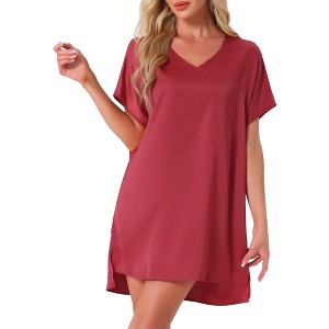 INSPIRE CHIC Womens Satin Nightgown Oversize V Neck Shift Dress Short Sleeve Loungwear Thigh Length Sleepdress - 1 of 4