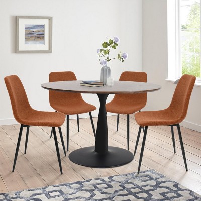 Harold+Bingo 5-Piece Walnut Foil  Round Top Pedestal Dining Table Set with 4 Upholstered Chairs -Maison Boucle‎