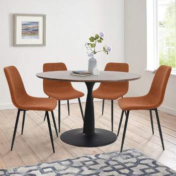 Harold+Bingo 5-Piece Walnut Foil  Round Top Pedestal Dining Table Set with 4 Upholstered Chairs -Maison Boucle‎