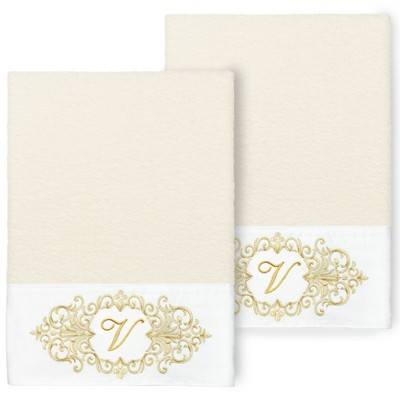 Linum Home Textiles 100% Turkish Cotton MONICA Gold Thread 2PC Embellished Bath Towel Set