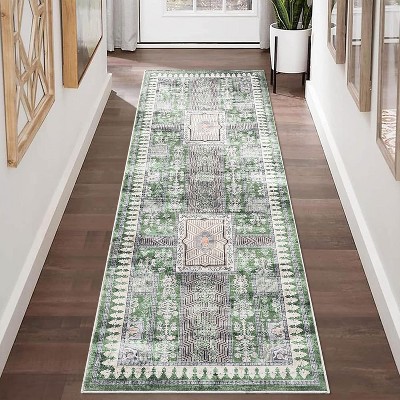 Vintage Washable Area Rug, Low Pile Distressed Carpet, Non-Slip, Stain-Resistant, Foldable Floral Throw Rug, Living/Dining/Bedroom
