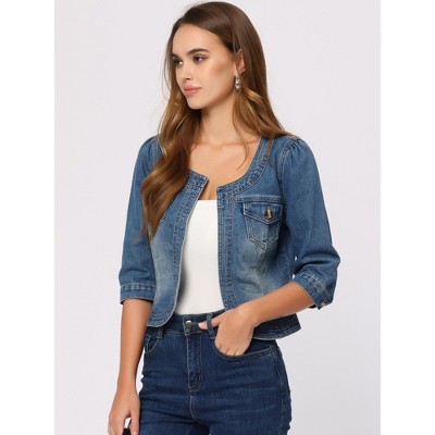 INSPIRE CHIC Women's Collarless Pockets 3/4 Sleeve Crop Denim Jackets 2 Pieces Blue/Light Blue Small — фото 4