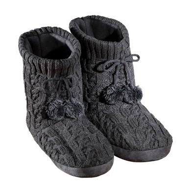 Collections Etc Cable Knit Slippers with Pom Poms, Comfortable Booties for Women