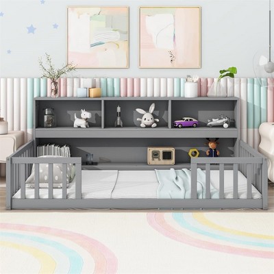 Full Size Floor Bed, Space Saving Pine Wood Bed Frame with Side Bookcase, Shelves, Guardrails, Opening, Modern Kids Floor Bed for Kids Bedroom