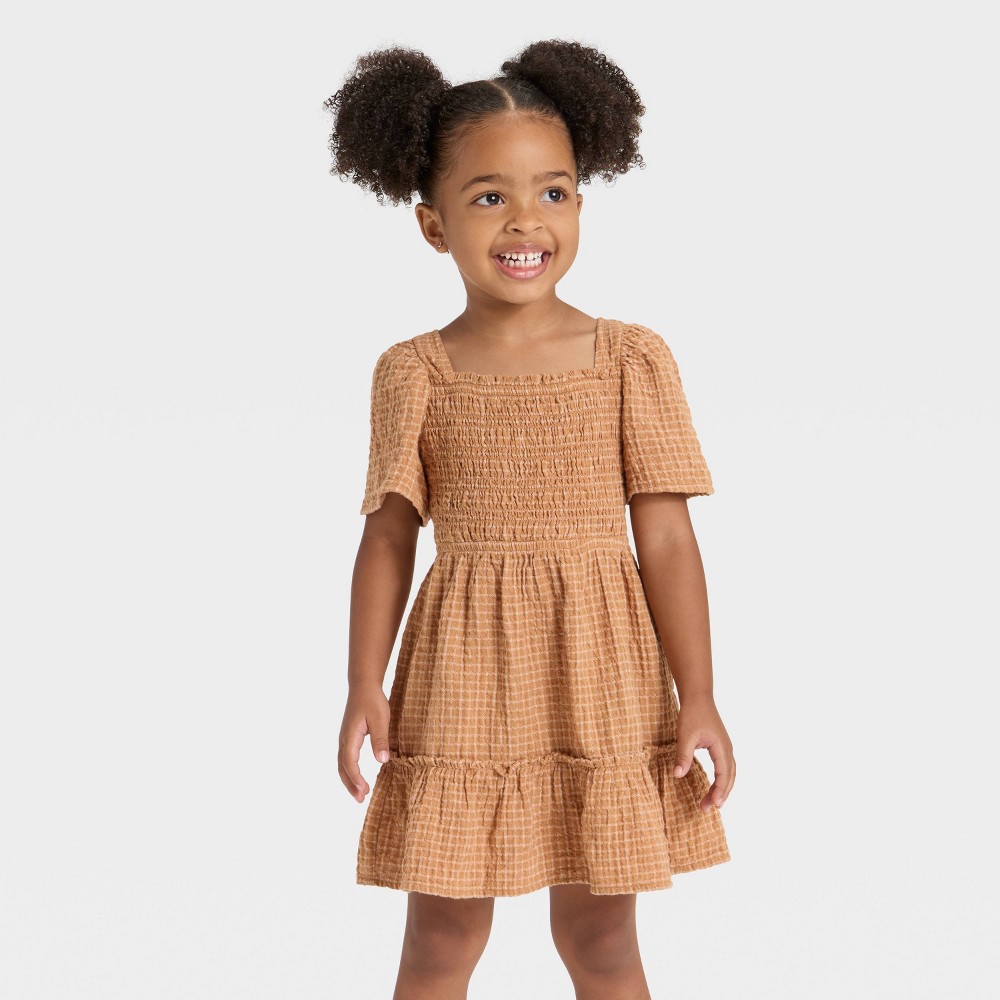 Toddler Girls' Short Sleeve Windowpane Dress - Cat & Jack™ Brown 4T