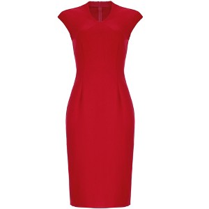 INSPIRE CHIC Women's V Neck Cap Sleeve Office Business Elegant Back Slit Sheath Midi Dresses Large Red
