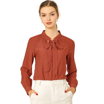 Allegra K Women's Work Office Long Sleeve Button Decor Elegant Bow Tie Neck Blouse