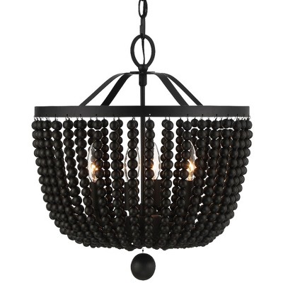 Mini Matte Black Crystal and Wood Bead 4-Light Chandelier
