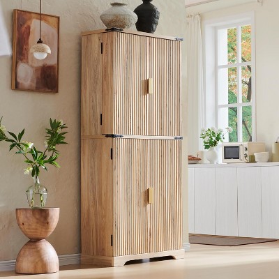SinCiDo Fluted Kitchen Pantry with 4 Doors and Adjustable Shelves, 72″ Tall Modern Pantry Cabinet with Drawer, Wood Cupboard for Kitchen, Natural Oak