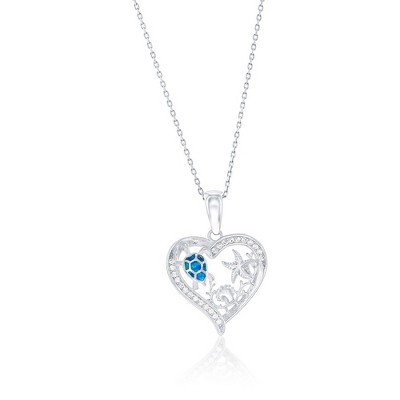 Opalata Sterling Silver, Outline Heart CZ w/Ocean Life and Blue Opal Turtle 18" Pendant Necklace - Silver