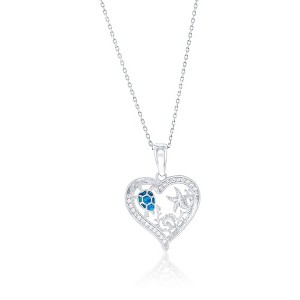 Opalata Sterling Silver, Outline Heart CZ w/Ocean Life and Blue Opal Turtle 18" Pendant Necklace - Silver - 1 of 2