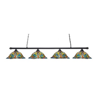 Toltec Lighting Oxford 4 - Light Island Pendant Light in  Matte Black with 19" Kaleidoscope Art Glass Shade