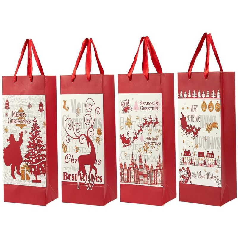 Juvale 12-Pack Christmas Paper Wine Gift Bags with Satin Handles, 4 designs 4x5x13.5 In, 2 of 5