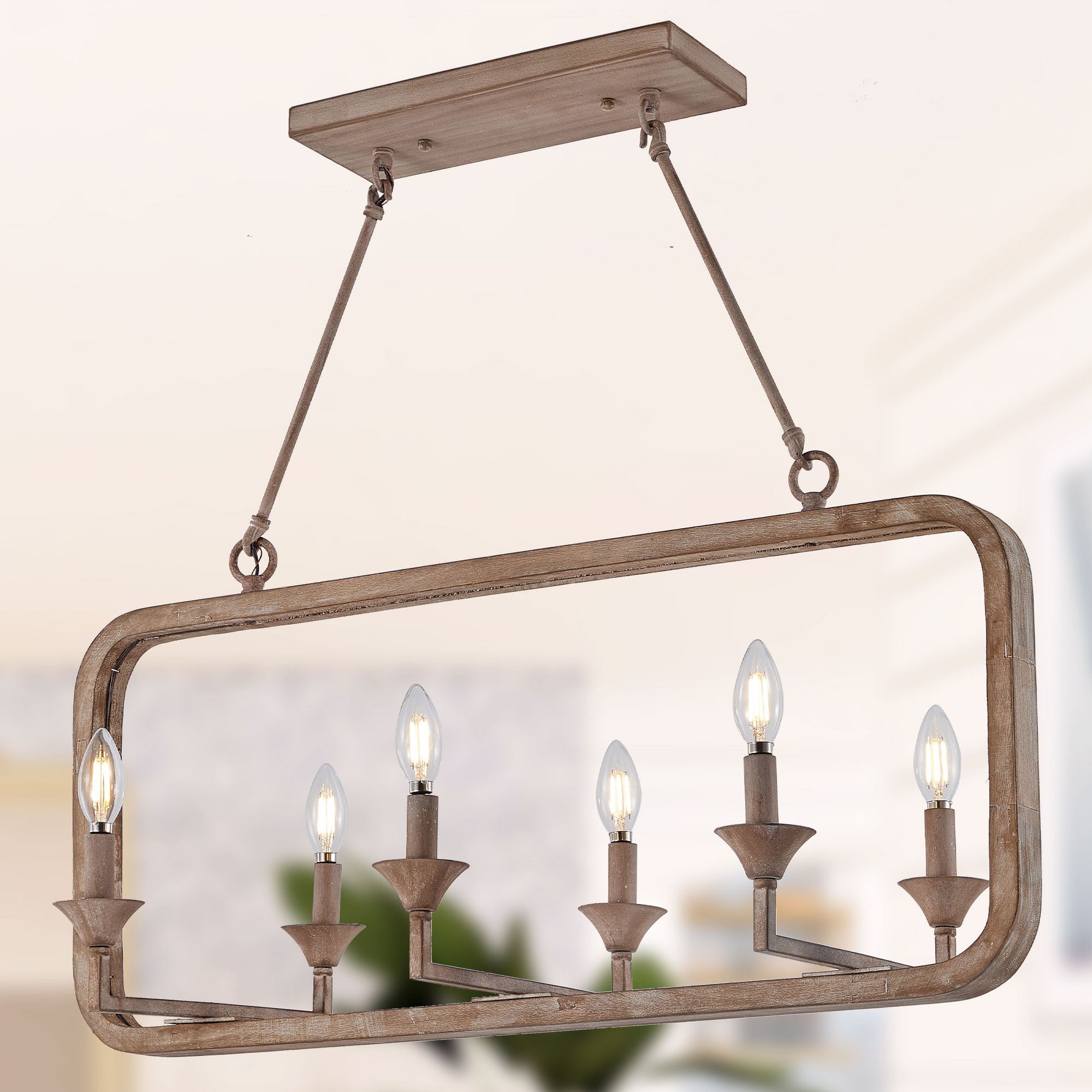 Bella Depot 6-Light Wood Chandelier Retro Adjustable Square Pendant Light for Kitchen Island