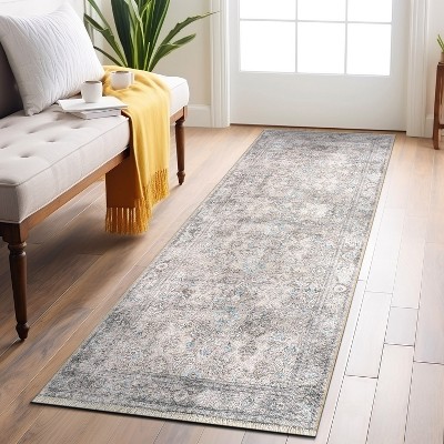 Olive and Gray Distressed Vintage Machine Washable Area Rug 2'6" x 7'