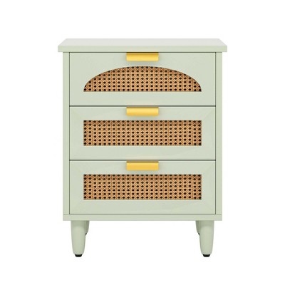 NicBex 15.75 Inch Nightstand with 3 Rattan Drawers Modern Side Table with Metal Handles and Wood Legs for Bedroom,Living Room,Green
