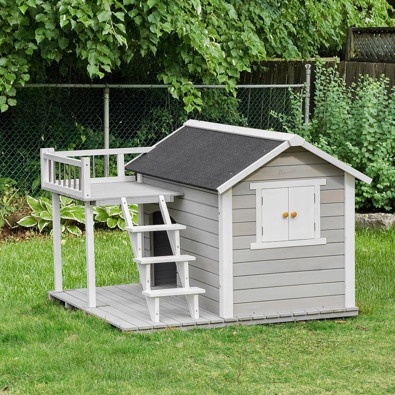 PawHut Wooden Outdoor Dog House, 2-Tier Raised Pet Shelter, with Stairs, Weather Resistant Roof, and Balcony, for Medium, Large Dogs Up To 55 lbs, 3 of 8