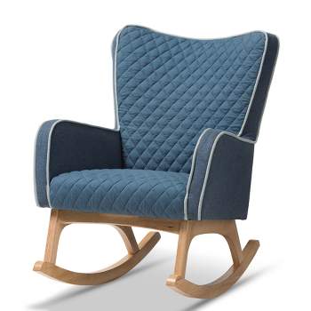 Zoelle Mid-Century Modern Fabric Upholstered Natural Finished Rocking Chair Blue/Light Brown - Baxton Studio