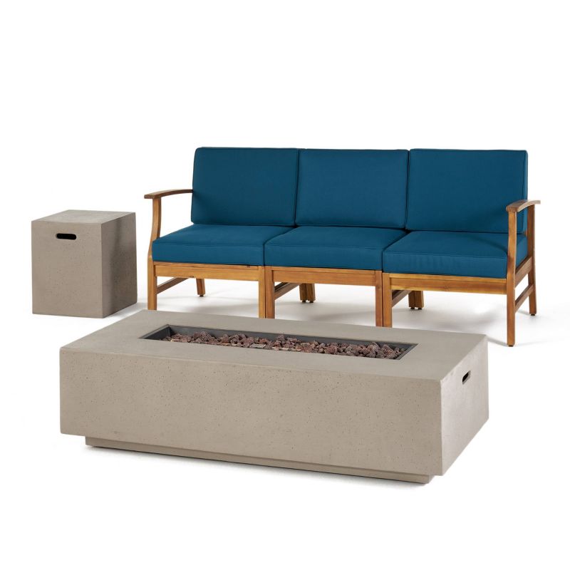 Perla 5pc Acacia Wood Sofa with Rectangular Fire Table - Teak/Blue/Light Gray - Christopher Knight Home, 3 of 8