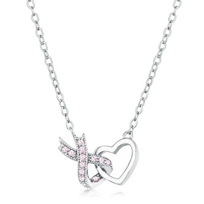 ShineHigh Rhodium Plated Pink CZ Interlocking Heart and Ribbon Pendant Necklace – Symbolic Breast Cancer Awareness Jewelry for Women