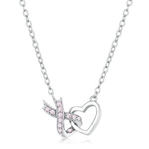 ShineHigh Rhodium Plated Pink CZ Interlocking Heart and Ribbon Pendant Necklace – Symbolic Breast Cancer Awareness Jewelry for Women - 1 of 1