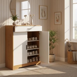 Homy Casa Shoe Storage Cabinet with Drawer and Adjustable Shelves for Entryway or Living Room, Oak White - 1 of 4