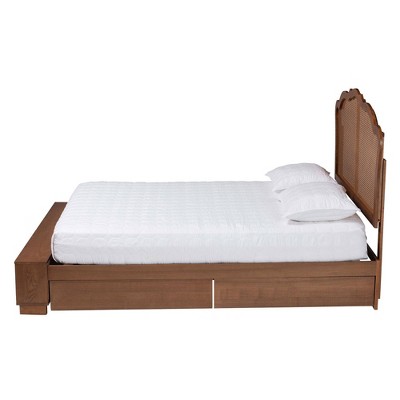 Latrell Walnut Brown Wood King Storage Bed with Rattan Headboard