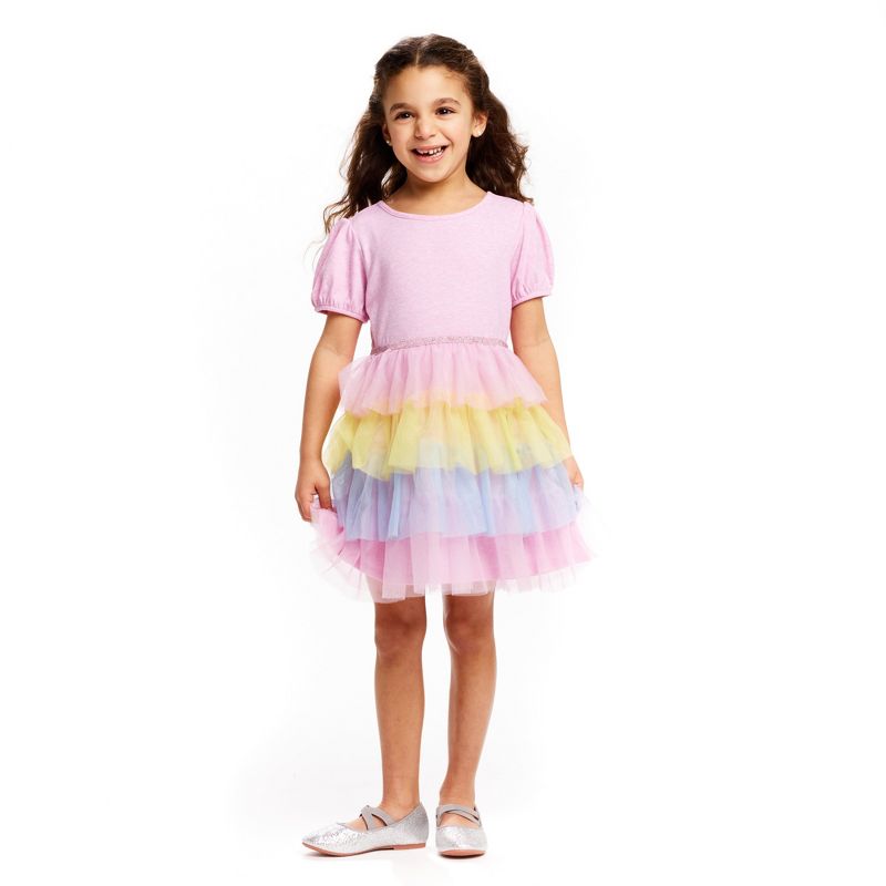 Andy & Evan  Toddler Pink Puff Sleeve Dress w/Multi Mesh Tiers, 5 of 6