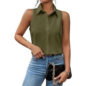 Zeagoo Button Down Shirt for Women Flower Tank Tops Summer Linen Shirts Sleeveless Collared Shirts - 1 of 4