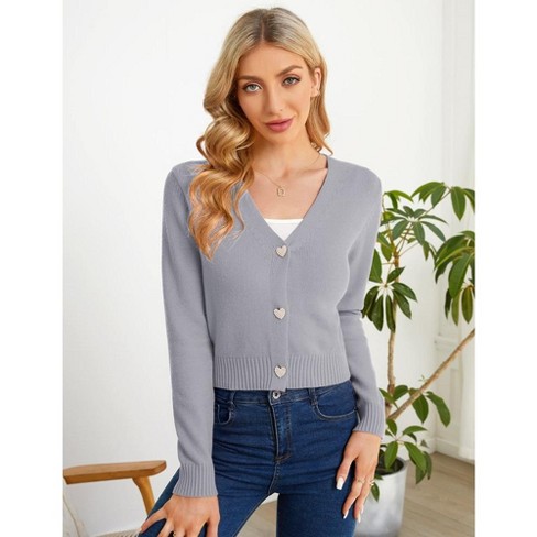 WhizMax Women's Cropped Sweater Cardigan Long Sleeve V-Neck Sweater Rib  Open Front Shrugs Pink Gray XL