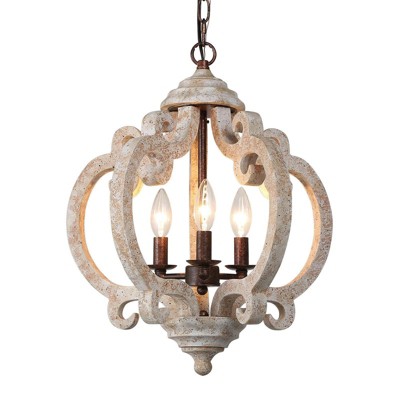 LNC Quaint 3-Light 15.5" Farmhouse Lantern Small Chandelier, Antique Bronze and Distressed White Wood