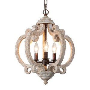 LNC Quaint 3-Light 15.5" Farmhouse Lantern Small Chandelier, Antique Bronze and Distressed White Wood - 1 of 4