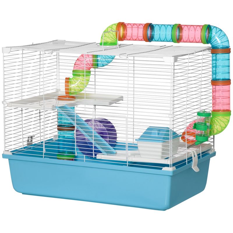 PawHut Large Hamster Cage and Habitat, 3-Level Steel Rat Cage, Small Animal House, with Tube Tunnels, Exercise Wheel, 23" x 14" x 18.5", Light Blue, 5 of 8