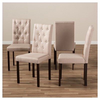 Set of 4 Beige Tufted Parsons Dining Chairs with Dark Brown Rubberwood Legs