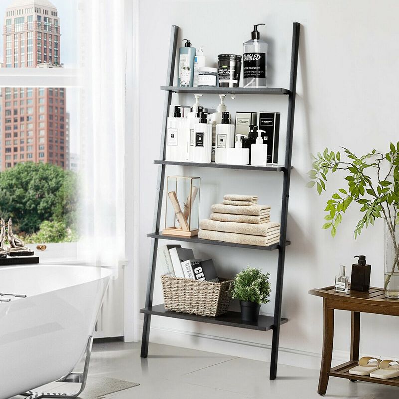 Costway Industrial Ladder Shelf 4-Tier Leaning Wall Bookcase Plant Stand Rustic Black/Brown, 5 of 11