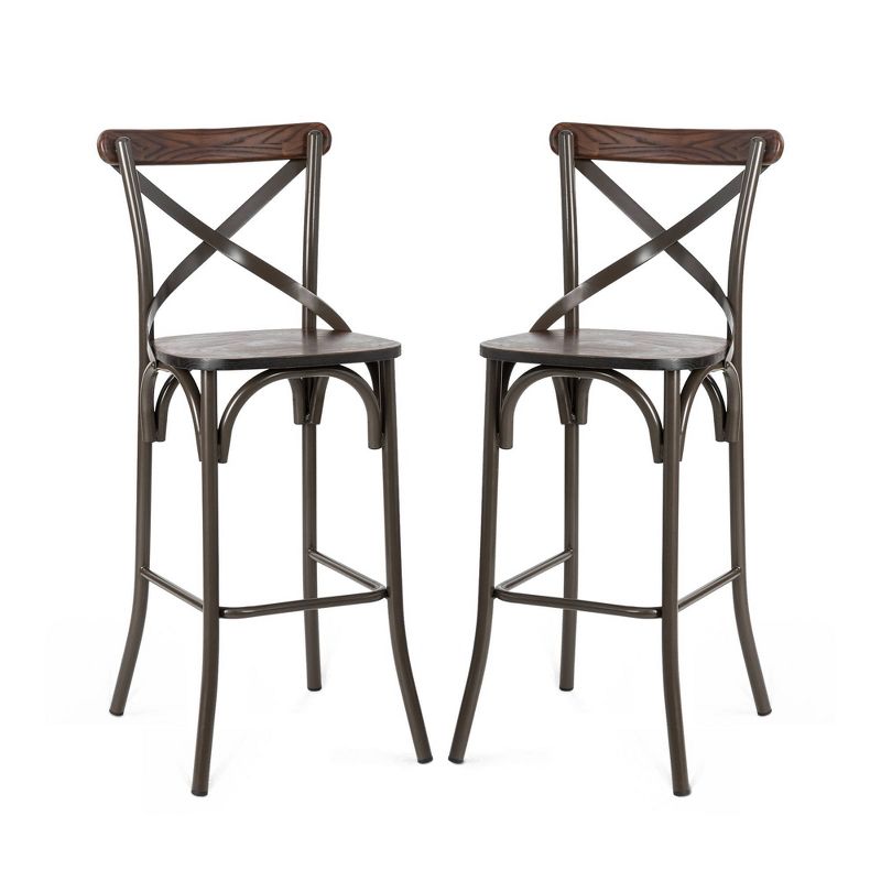 Set of 2 Steel Barstools with Solid Elm Wood Seat and Back Support Rustic - Glitzhome, 3 of 11