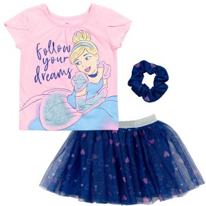 Disney Moana Princess Frozen Rapunzel Jasmine Belle Girls T-Shirt Tulle Skirt and Scrunchie 3 Piece Outfit Set Toddler - 1 of 4