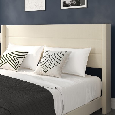 Hollis King-Sized Beige Faux Linen Upholstered Platform Bed with Wingback Headboard