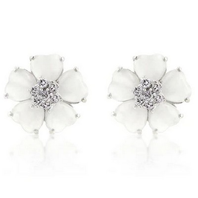 ShineHigh White Flower Nouveau Earrings – Enamel Cat's Eye Floral Studs with Round CZ Accents and Rhodium Finish