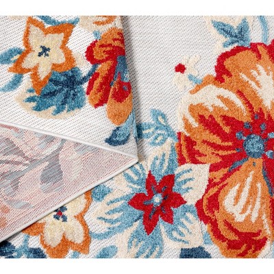 Hibiscus Bloom Border Grey Red Blue Floral Rectangular Rug