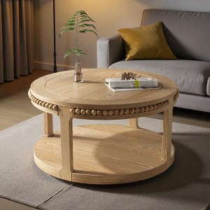 Mshliw 31.5'' Round Solid Wood Coffee Table with 2-Tier Thick Shelves and Beaded Trim, Dining Table, Accent Table for Living Room or Lounge - 1 of 4