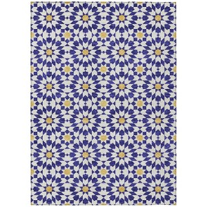 Navy Blue And Ivory Floral Medallion Washable Indoor Outdoor Area Rug - 1 of 4
