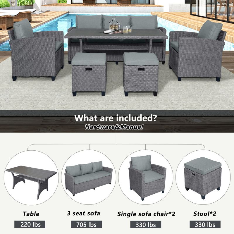 6 PCS Patio Outdoor Rattan Round Sofa Conversation Set with Table, Gray-ModernLuxe, 5 of 15