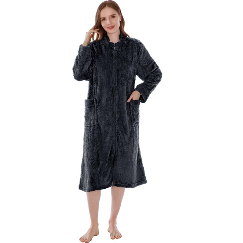 Pavilia Womens Fluffy Housecoat Zip Robe Faux Shearling Zipped Up Front Bathrobe Plush Warm Zipper House Coat Lounger black Small medium Target