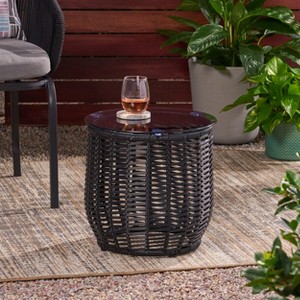 GDFStudio Laguna Outdoor 15.5" Wicker Glass Top Basket Side Table - 1 of 4