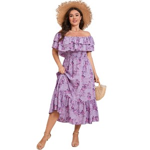 Women Plus Size Off Shoulder Maxi Dress Ruffle Flowy Summer Casual Boho Long Dresses - 1 of 4