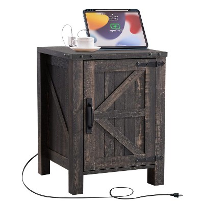 OKD Nightstand with Charging Station, Farmhouse End Table w/Barn Door