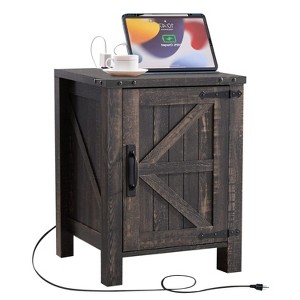 OKD Nightstand with Charging Station, Farmhouse End Table w/Barn Door - 1 of 4