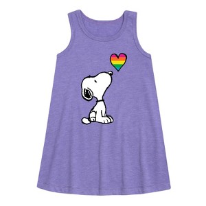 - Peanuts - Snoopy Rainbow Heart Graphic Sleeveless Aline Dress - 1 of 4