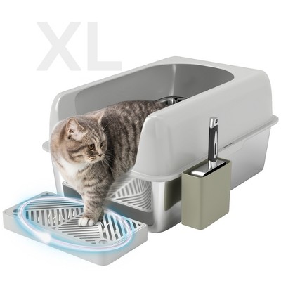 PawHut Stainless Steel Litter Box, Metal Litter Box with High Sided for Easy Clean & Anti-Urine Leakage, with Metal Scoop & Scoop Holder